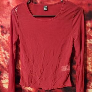 Women's Red Long Sleeve Sheer Mesh Top